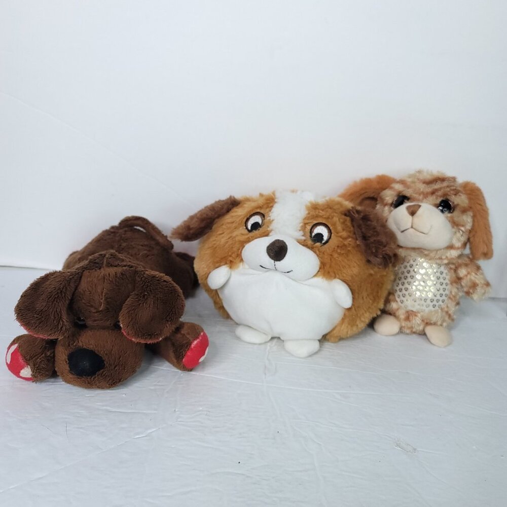 Lot of 3 Brown Chubby Puppy Dogs Brown Soft Plush Stuffed Animals Toys